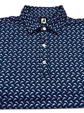FootJoy XL Navy Polo Shirt Light Pink/Purple Dolphin All Over Print Golf